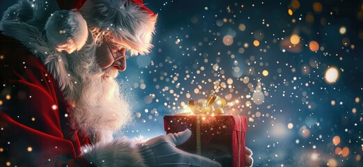 Immerse yourself in the enchanting moment as Santa Claus unveils a radiant gift box, a true depiction of Christmas magic and joy. The festive atmosphere is brimming with cheer and happiness