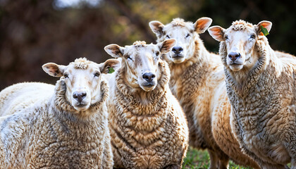 Fototapeta premium A Group of Sheep Grazing Peacefully in the Beautiful Meadow of the Serene Countryside