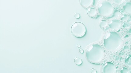 Aqua Bubbles and Droplets: A refreshing and minimalist backdrop featuring a cluster of transparent bubbles and water droplets cascading down a serene blue-green background. The gentle.