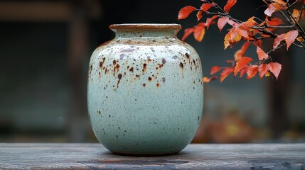 Autumnal ceramic vase on rustic wooden surface with foliage background