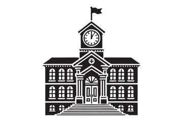 School building with clock and flag flat icon