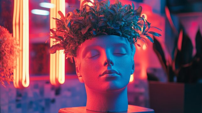 Head Sculpture with Plant Crown in Neon Light