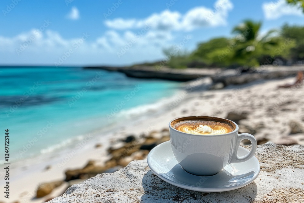 Poster A pristine beach captures sunlight as a beautifully crafted cup of coffee rests on a stone ledge. Waves gently lap at the shore while palm trees sway in the breeze, creating a peaceful escape