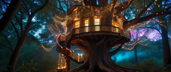 Fototapeta premium A charming treehouse wrapped in colorful fairy lights nestled high in the branches overlooked by lush trees and surrounded by natures beauty