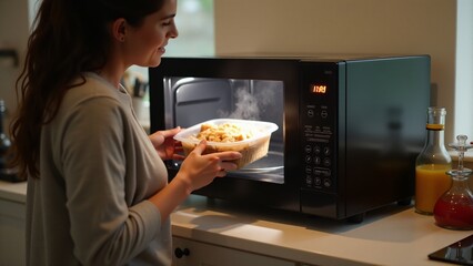 A person heating a frozen meal in a microwave, watching as steam forms inside. The digital display shows the cooking time while the cozy kitchen setting adds warmth.