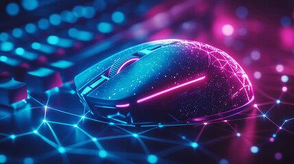 A futuristic gaming mouse illuminated by neon lights with geometric shapes in bright blue, pink, and purple. The modern, vibrant wallpaper features blurred backgrounds and empty caption space.

