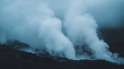 Obraz premium Ethereal steam rising from geothermal vents in a dark, moody landscape.