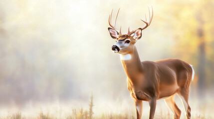 Fototapeta premium Deer pride, wildlife in mist, forest walk, natureâs elegance Step into the heart of nature as a proud deer walks out of the mist, embodying strength and grace. This wildlife scene