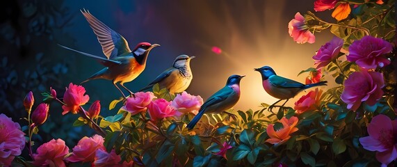A charming portrayal of lively birds nesting atop a colorful floral bush where their joyful chirping adds life to the vibrant scene