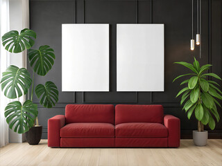 Canvas Mockup in Modern Living Room with Green Plants. Red Sofa and Two Blank Canvases. Two Vertical Poster Mockup