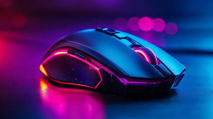 A futuristic gaming mouse illuminated by neon lights with geometric shapes in bright blue, pink, and purple. The modern, vibrant wallpaper features blurred backgrounds and empty caption space.

