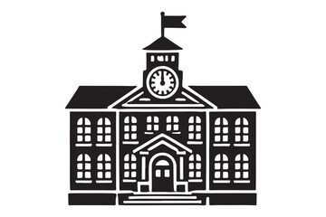 School building with clock and flag flat icon