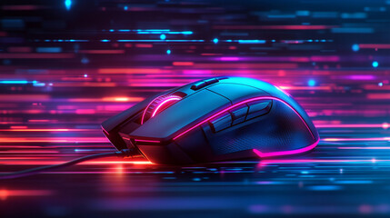 A futuristic gaming mouse illuminated by neon lights with geometric shapes in bright blue, pink, and purple. The modern, vibrant wallpaper features blurred backgrounds and empty caption space.

