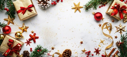 Obraz premium Christmas decoration composition on light gold background with beautiful Golden gift box with red ribbon, fir branches, cones, stars, Christmas cookies,cinnamon, top view, copy space, ban