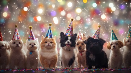 Adorable dogs in party hats celebrate joyfully against a colorful backdrop of lights and confetti. A cheerful gathering of furry friends.