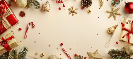 Christmas decoration composition on light gold background with beautiful Golden gift box with red ribbon, fir branches, cones, stars, Christmas cookies,cinnamon, top view, copy space, ban