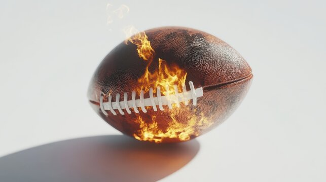 american footbal lball with bright flame flying on white background