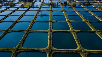 Large pond with various water plants and aquaculture farm featuring multiple fish tanks under a clear blue sky