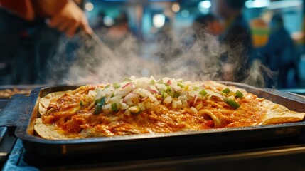 Delicious sizzling food on a hot plate, filled with colorful vegetables and sauce, perfect for spice lovers and food enthusiasts.
