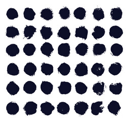 Big set of paint, ink dry brush stroke circle shape. Dirty grunge design round element or background. Collection of grunge black smear and rough stain. Template vector black hand drawn ink.