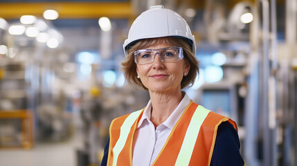 A female CEO in a modern industrial factory, standing proudly in front of automated machines and robotic systems. She is dressed in a smart business outfit, with safety gear such a