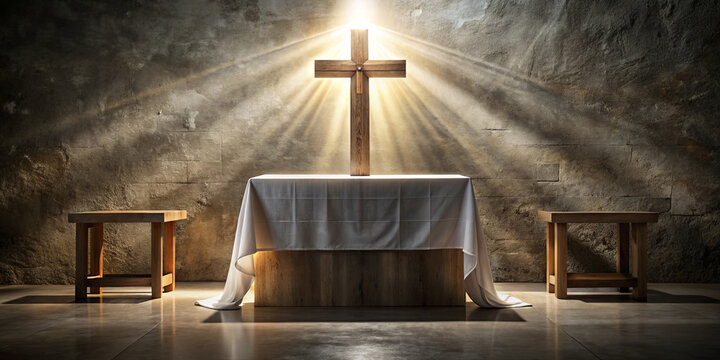 A wooden cross stands at the center of a quiet church, bathed in warm, soft light. An altar is set with a white cloth, enhancing the peaceful atmosphere of worship