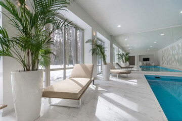 Spacious private pool with white interior decor. Pots with palm trees and sun beds in the rays of...