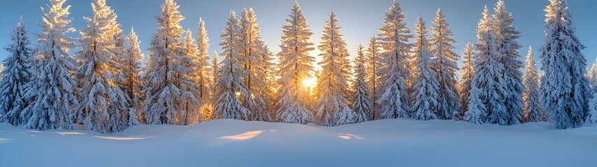 A stunning winter landscape captured at sunrise, showcasing a forest of snow-covered pine trees illuminated by golden sunlight amid a serene, snowy backdrop.