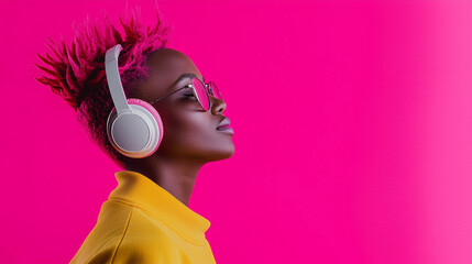 Obraz premium A person with vibrant pink hair, wearing large headphones, lost in the rhythm of their music against a bright pink backdrop. The scene captures the joy of music and modern fashion,