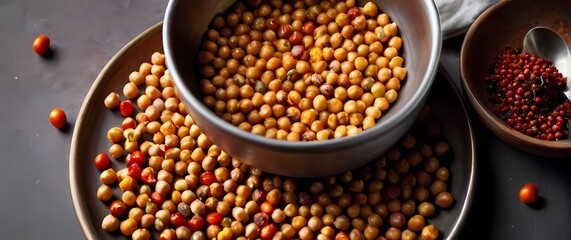 A charming closeup of colorful chickpeas surrounded by spices showcasing the beauty of well prepared ingredients in culinary art