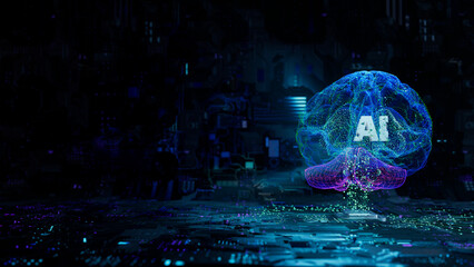 Artificial Intelligence Visualization Pixelated Digital Brain with RGB Light Effects