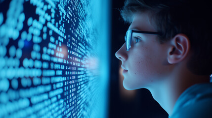 A young individual, possibly of Caucasian descent, intensely focused on a screen displaying cascading lines of glowing code. The cool blue lighting casts a futuristic, almost myste