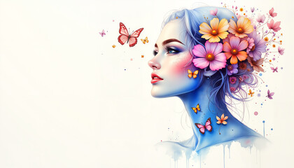 Dreamy watercolor portrait of a woman with flowers and butterflies, symbolism of beauty