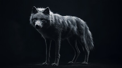 Fototapeta premium A wolf in the dark. Portrait of a wolf with a snout. Generative ai with black background. A wolf lurking in the shadows lifestyle.