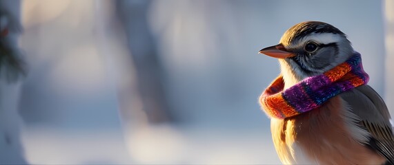 A charming closeup of a quaint bird adorned with a colorful scarf perched delicately against a snowy backdrop capturing the spirit of the season