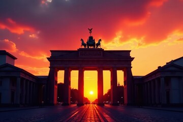 Obraz premium Brandenburg Gate silhouette, vibrant sunset sky, vibrant, beautiful