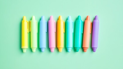 Fototapeta premium Pastel colored markers arranged in a row on a green background.