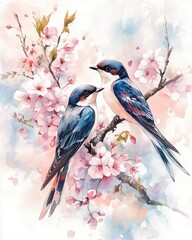 Two colorful birds perched among vibrant cherry blossoms in a serene spring setting