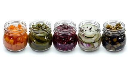 Assorted pickled vegetables and olives in glass jars arranged in row on white background, including carrots, cucumbers, beets, onions and mixed olives.