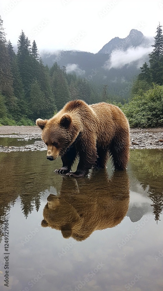 Poster In a serene moment, a bear cub gazes curiously at its own reflection in calm waters. Towering mountains and lush forests create a breathtaking backdrop for this enchanting wildlife encounter