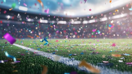 Football field with scattered confetti and colorful streamers, New Day celebration game