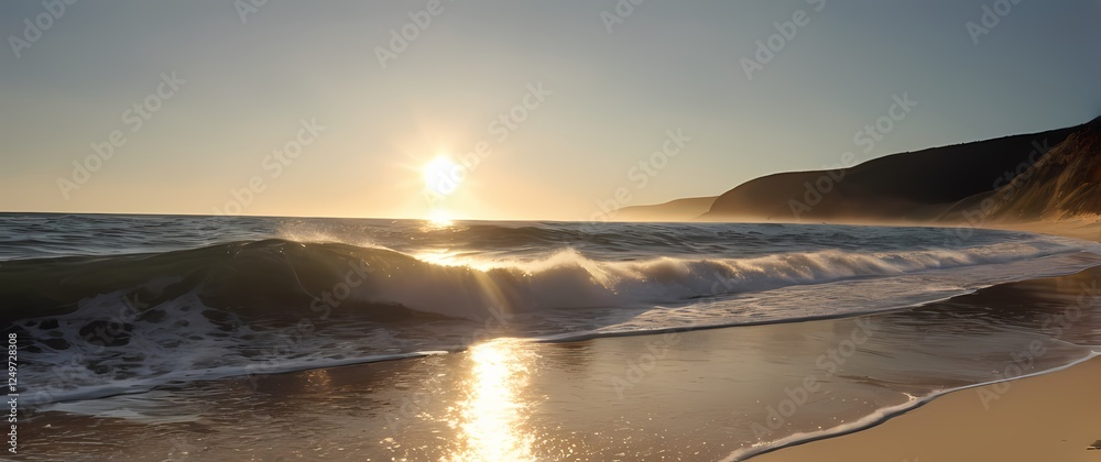 Fototapete a captivating view of gentle waves rolling onto a sandy beach where sunlight sparkles off the water 