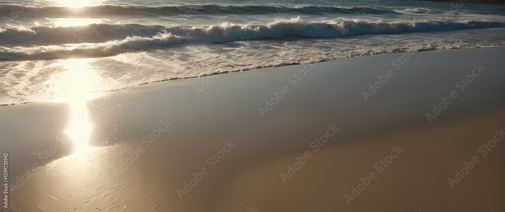 Wall mural a captivating view of gentle waves rolling onto a sandy beach where sunlight sparkles off the water 