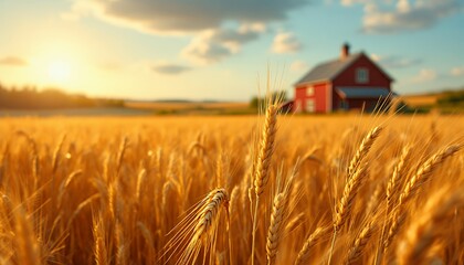Obraz premium Golden Wheat Field at Sunset with Farmhouse in Distance