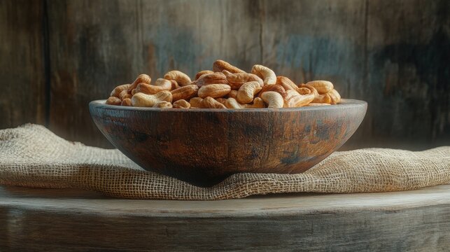 A bowl of roasted cashew nuts on a rustic wooden surface with a burlap napkin, adding a touch of natural elegance to the setting. - Powered by Adobe