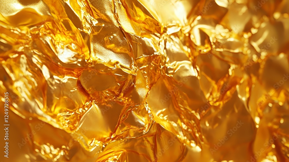 Poster crumpled gold foil texture with shiny metallic surface creating abstract pattern of light and shadow