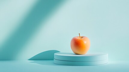 Single ripe apple on light blue platform with shadow.