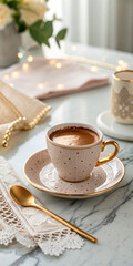 Fototapeta premium Elegant Cup Of Hot Chocolate On A Decorative Table Setting, Soft Natural Light, Luxurious Gold Accents, Cozy And Indulgent Atmosphere, Gourmet Beverage, Relaxation Concept, Copy Space.