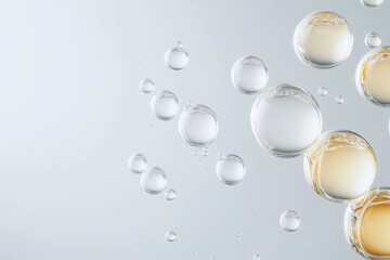 Liquid Gold: Abstract close-up of glistening oil or serum bubbles floating on a light gray surface, creating a luxurious and elegant visual.  The image suggests concepts of skincare, beauty.