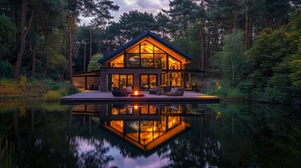 Obraz premium Stunning Modern House by the Lake with Reflective Water and Surrounded by Trees